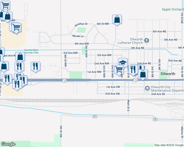 map of restaurants, bars, coffee shops, grocery stores, and more near 401 1st Avenue Northwest in Dilworth