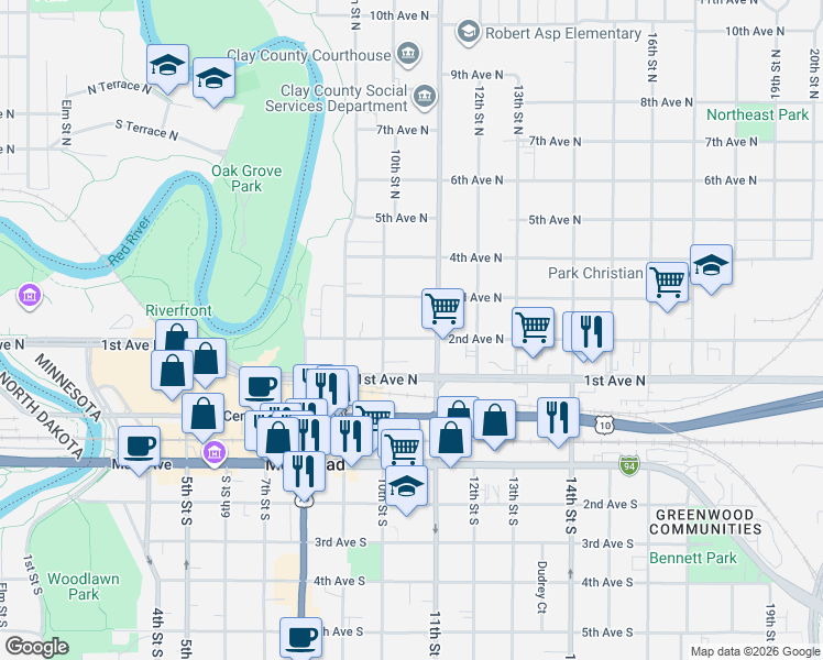map of restaurants, bars, coffee shops, grocery stores, and more near 1019 3rd Avenue North in Moorhead