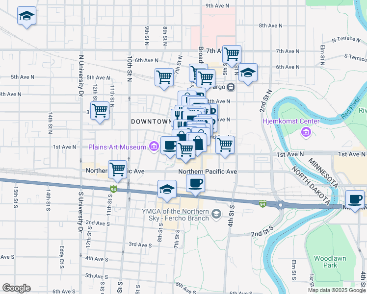 map of restaurants, bars, coffee shops, grocery stores, and more near 109 Roberts Street North in Fargo