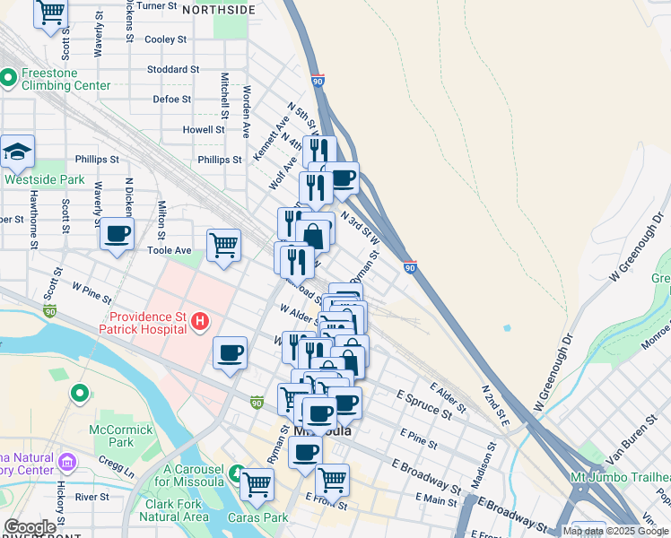 map of restaurants, bars, coffee shops, grocery stores, and more near 317 North 2nd Street West in Missoula