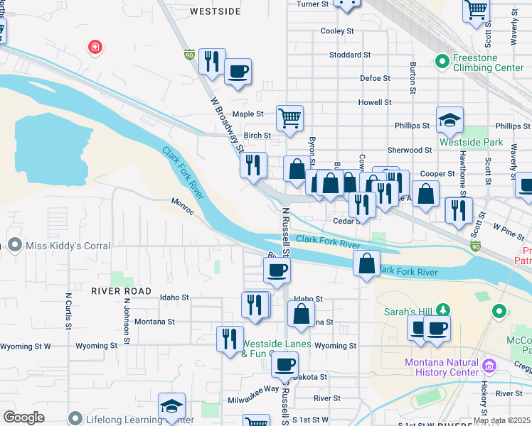 map of restaurants, bars, coffee shops, grocery stores, and more near 1535 Liberty Lane in Missoula