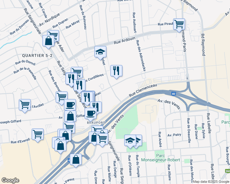 map of restaurants, bars, coffee shops, grocery stores, and more near 3425 Boulevard Albert Chrétien in Québec