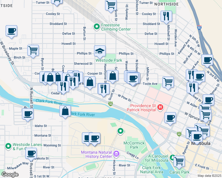 map of restaurants, bars, coffee shops, grocery stores, and more near 1118 Hawthorne Street in Missoula