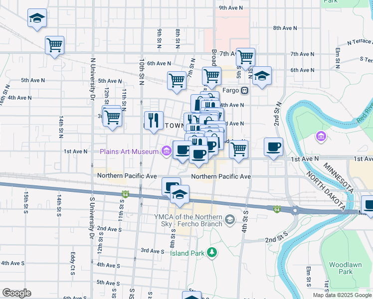 map of restaurants, bars, coffee shops, grocery stores, and more near 112 Roberts Street North in Fargo