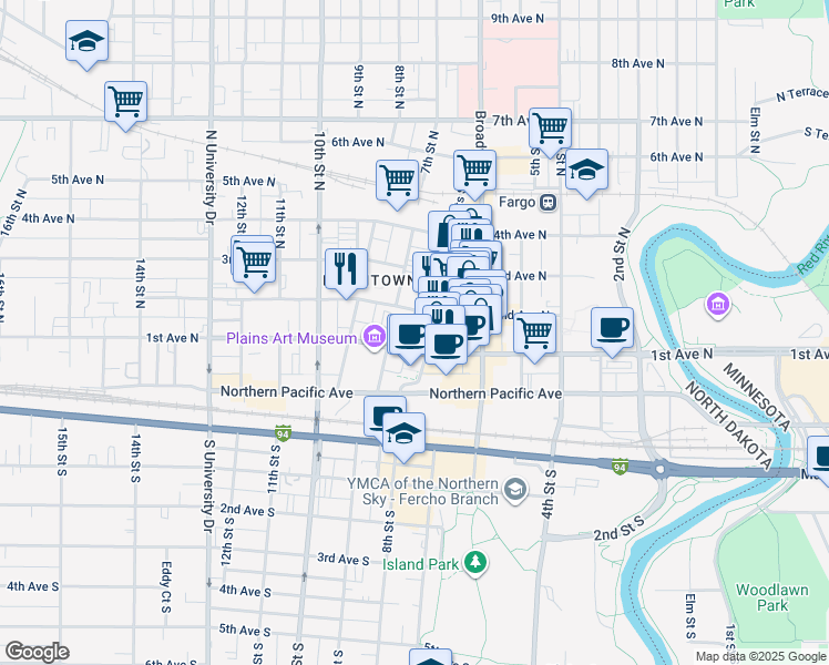 map of restaurants, bars, coffee shops, grocery stores, and more near 112 Roberts Street North in Fargo