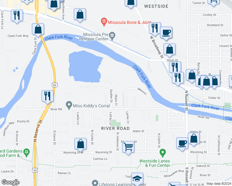 map of restaurants, bars, coffee shops, grocery stores, and more near 898 Skyla Court in Missoula