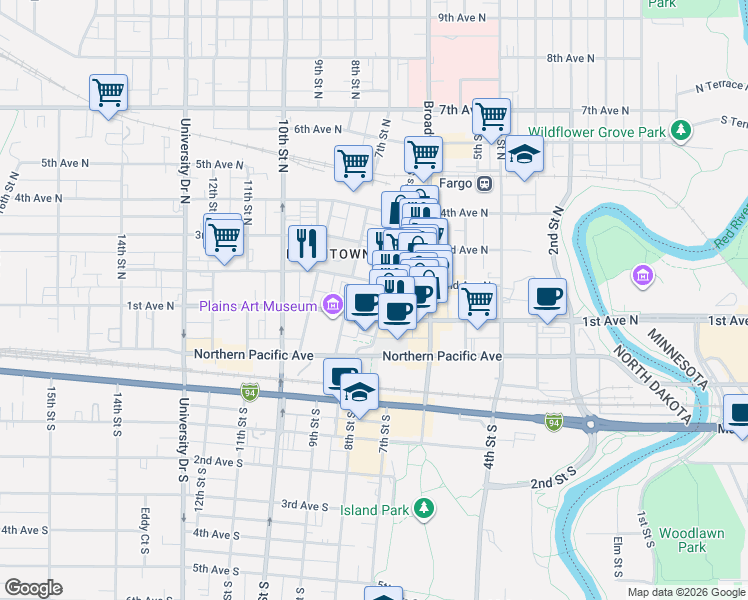map of restaurants, bars, coffee shops, grocery stores, and more near 114 Roberts Street North in Fargo
