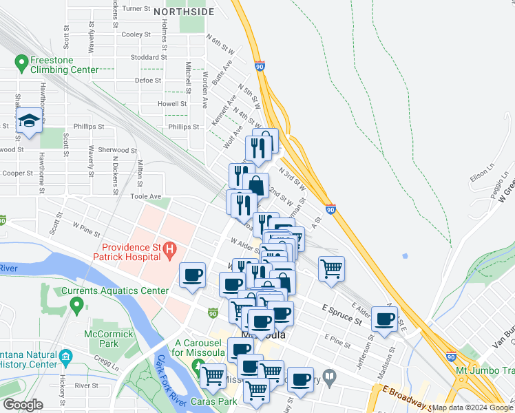 map of restaurants, bars, coffee shops, grocery stores, and more near 317 North 2nd Street West in Missoula