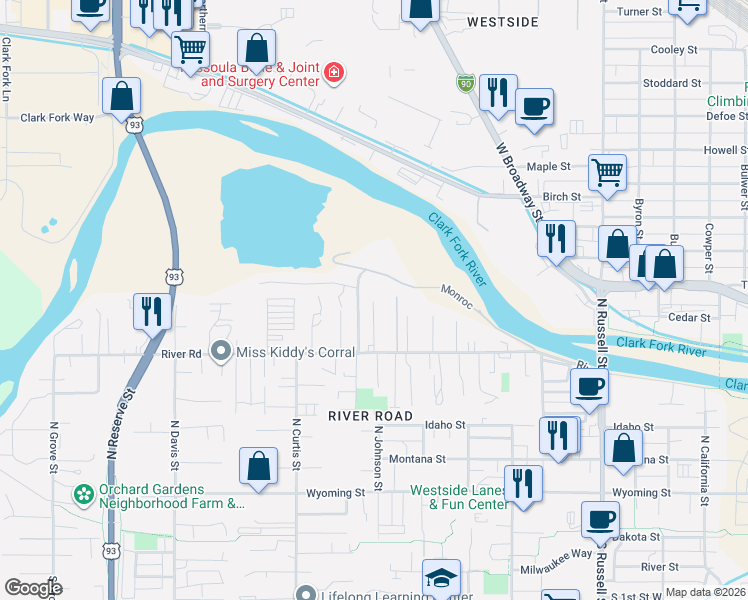 map of restaurants, bars, coffee shops, grocery stores, and more near 731B Skyla Court in Missoula