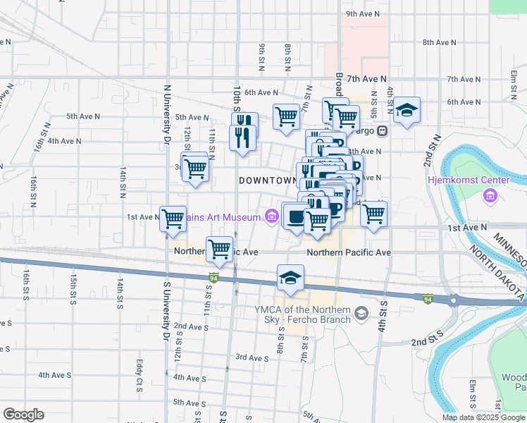 map of restaurants, bars, coffee shops, grocery stores, and more near 722 2nd Avenue North in Fargo