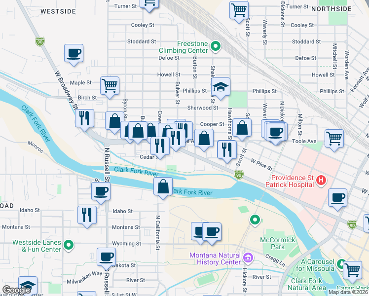 map of restaurants, bars, coffee shops, grocery stores, and more near 1256 West Broadway Street in Missoula