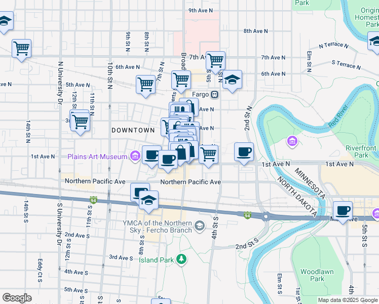 map of restaurants, bars, coffee shops, grocery stores, and more near 117 Broadway South in Fargo