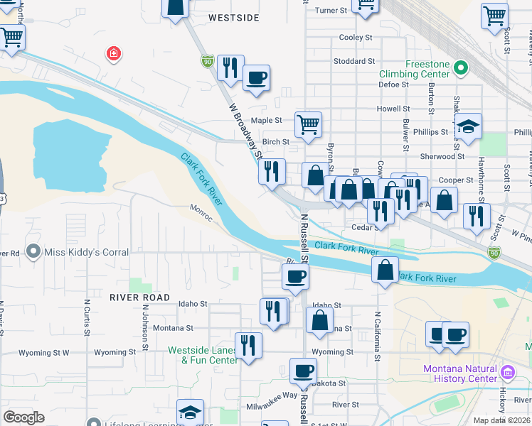 map of restaurants, bars, coffee shops, grocery stores, and more near 2075 Cooper Street in Missoula