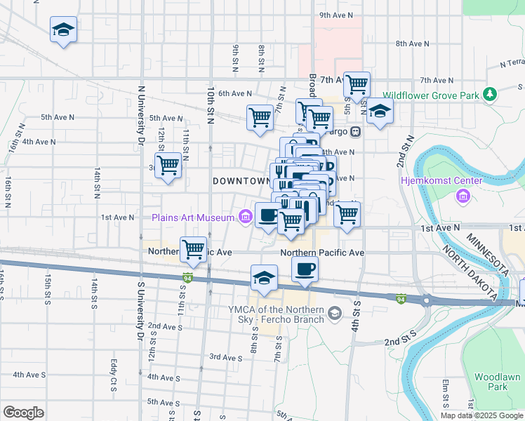 map of restaurants, bars, coffee shops, grocery stores, and more near 650 2nd Avenue North in Fargo