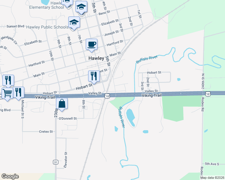 map of restaurants, bars, coffee shops, grocery stores, and more near 114 6th Street in Hawley