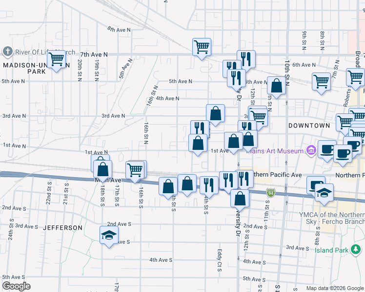 map of restaurants, bars, coffee shops, grocery stores, and more near 1445 1st Avenue North in Fargo