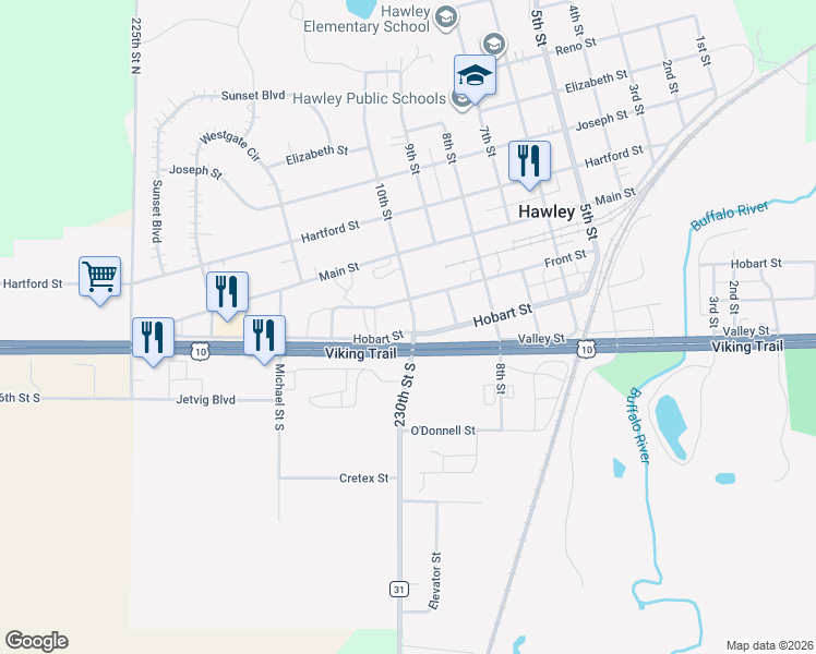 map of restaurants, bars, coffee shops, grocery stores, and more near 221 10th Street in Hawley