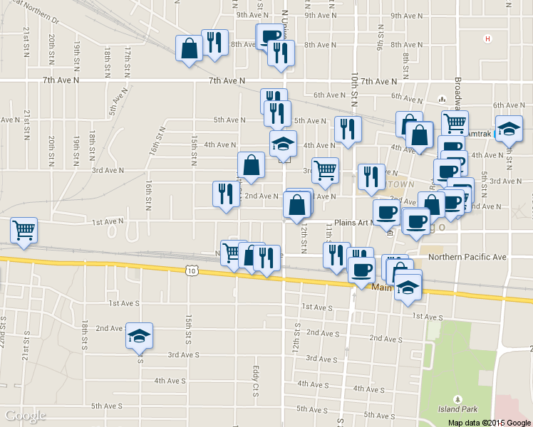 map of restaurants, bars, coffee shops, grocery stores, and more near 1309 1st Avenue North in Fargo