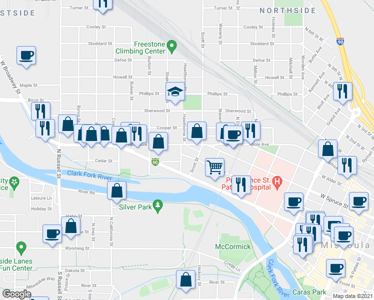 map of restaurants, bars, coffee shops, grocery stores, and more near 1118 Hawthorne Street in Missoula