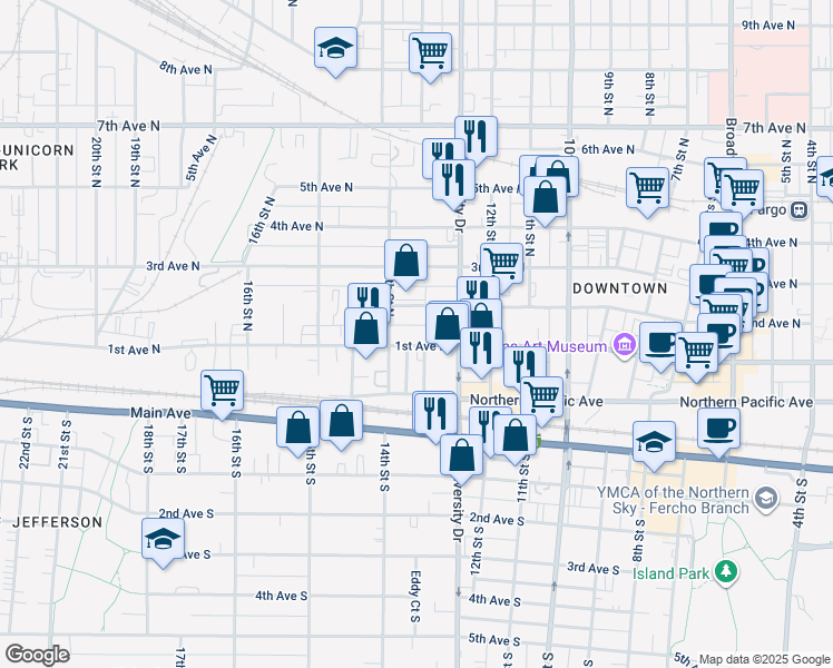 map of restaurants, bars, coffee shops, grocery stores, and more near 1309 1st Avenue North in Fargo