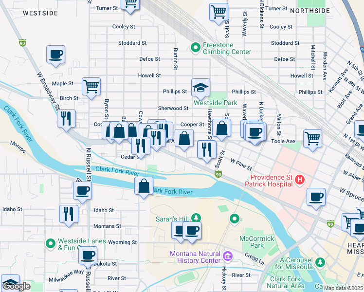 map of restaurants, bars, coffee shops, grocery stores, and more near 1333 Toole Avenue in Missoula