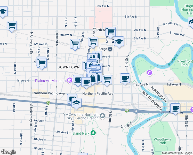 map of restaurants, bars, coffee shops, grocery stores, and more near in Fargo
