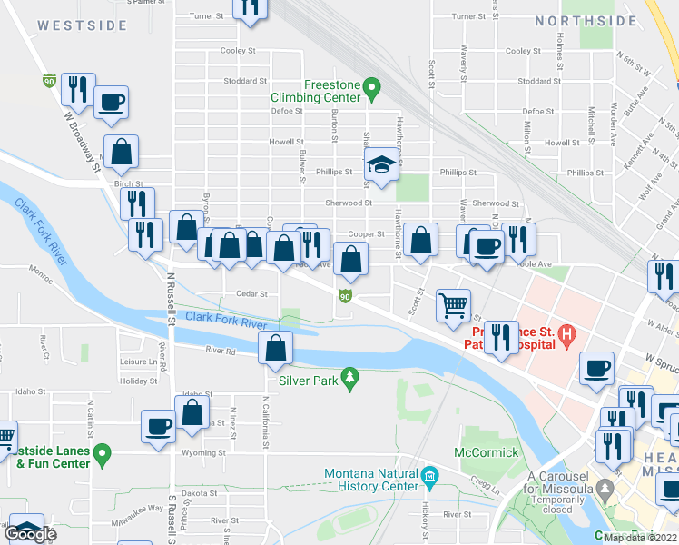 map of restaurants, bars, coffee shops, grocery stores, and more near 1333A Toole Avenue in Missoula