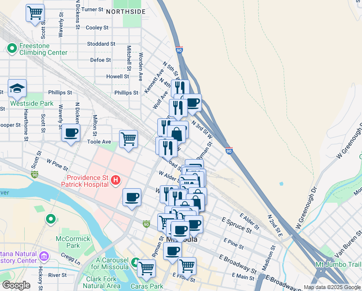 map of restaurants, bars, coffee shops, grocery stores, and more near 317 North 2nd Street West in Missoula