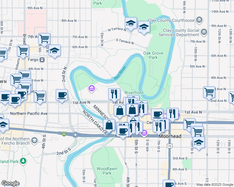 map of restaurants, bars, coffee shops, grocery stores, and more near in Moorhead