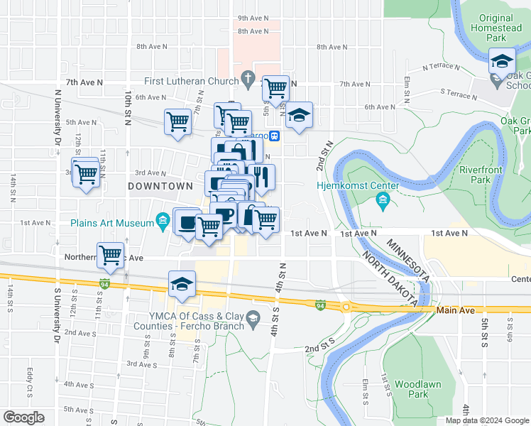 map of restaurants, bars, coffee shops, grocery stores, and more near in Fargo