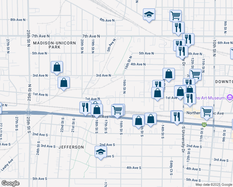 map of restaurants, bars, coffee shops, grocery stores, and more near 112 16th Street North in Fargo