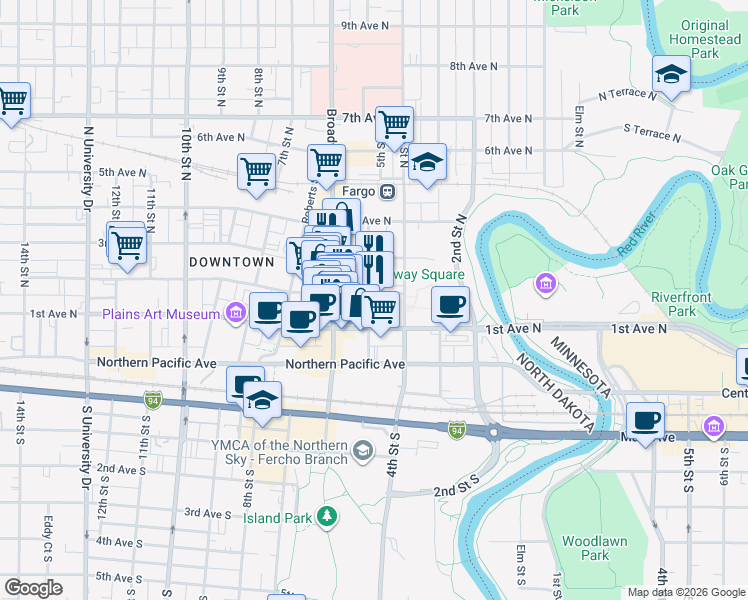 map of restaurants, bars, coffee shops, grocery stores, and more near 121 5th Street North in Fargo