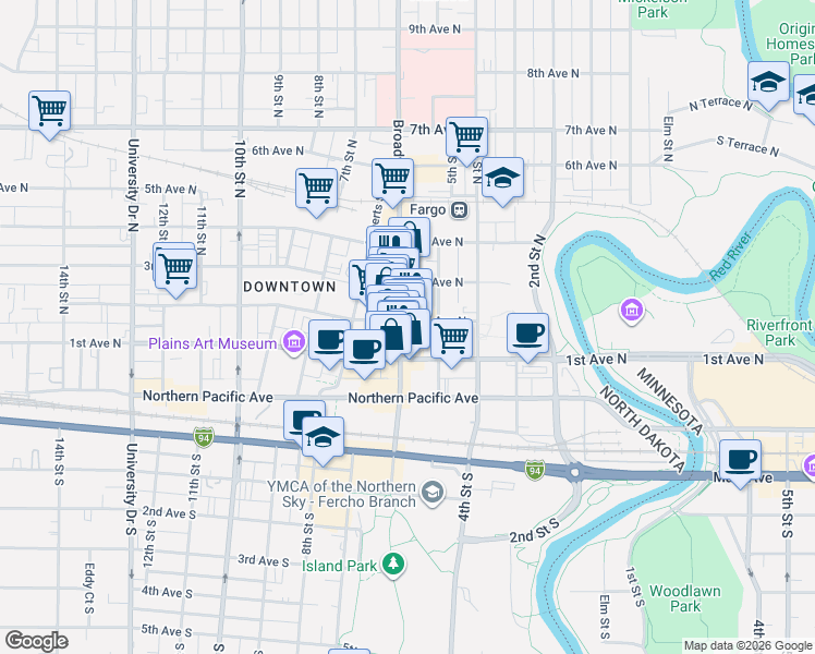map of restaurants, bars, coffee shops, grocery stores, and more near 123 Broadway North in Fargo