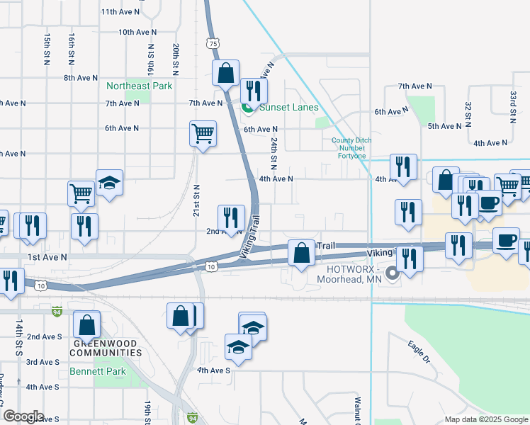 map of restaurants, bars, coffee shops, grocery stores, and more near 220 Highway 75 in Moorhead