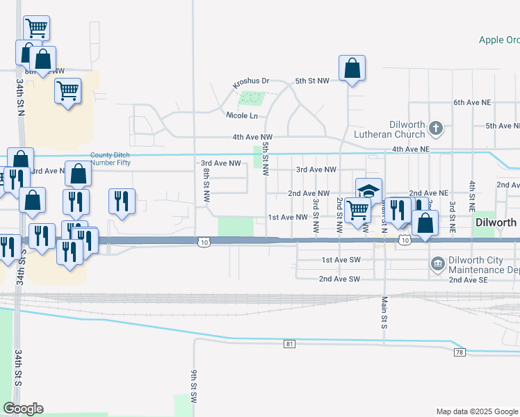 map of restaurants, bars, coffee shops, grocery stores, and more near 102 5th Street Northwest in Dilworth