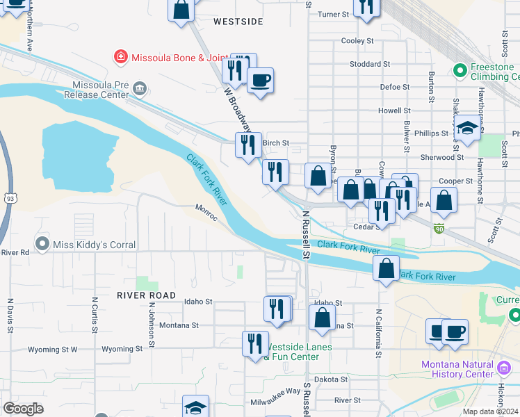 map of restaurants, bars, coffee shops, grocery stores, and more near 2075 Cooper Street in Missoula