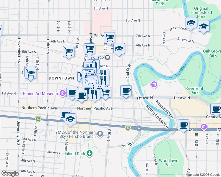 map of restaurants, bars, coffee shops, grocery stores, and more near 200 4th Street North in Fargo