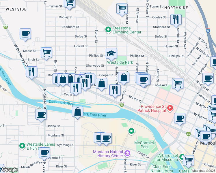 map of restaurants, bars, coffee shops, grocery stores, and more near 1208 Toole Avenue in Missoula