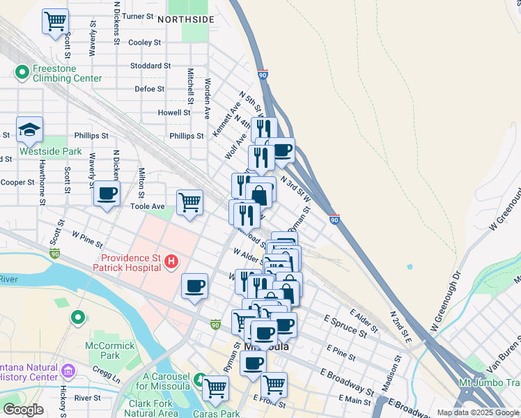 map of restaurants, bars, coffee shops, grocery stores, and more near 317 North 2nd Street West in Missoula