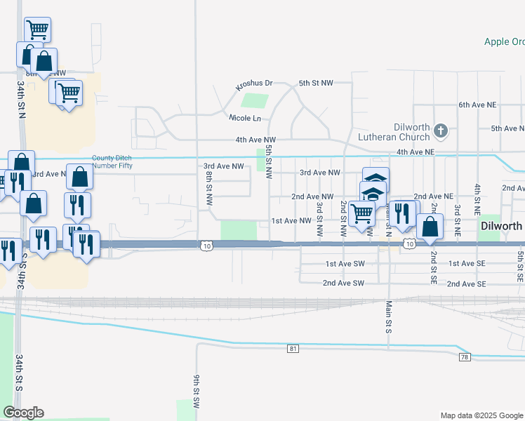 map of restaurants, bars, coffee shops, grocery stores, and more near 102 5th Street Northwest in Dilworth
