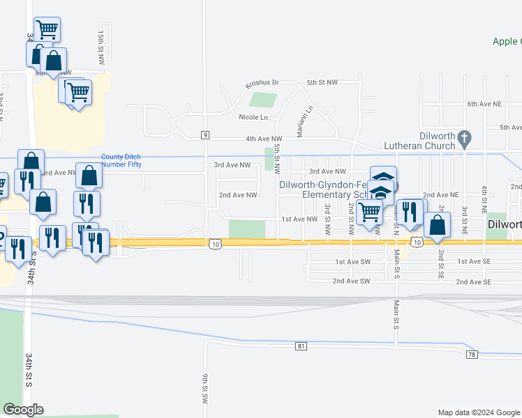 map of restaurants, bars, coffee shops, grocery stores, and more near 102 5th Street Northwest in Dilworth