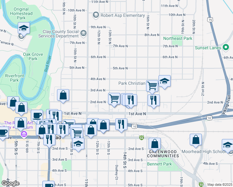 map of restaurants, bars, coffee shops, grocery stores, and more near 224 13th Street North in Moorhead