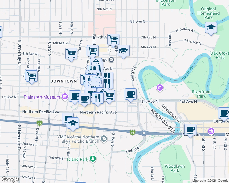 map of restaurants, bars, coffee shops, grocery stores, and more near 200 4th Street North in Fargo
