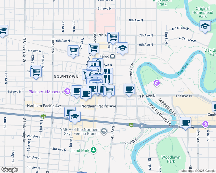 map of restaurants, bars, coffee shops, grocery stores, and more near in Fargo