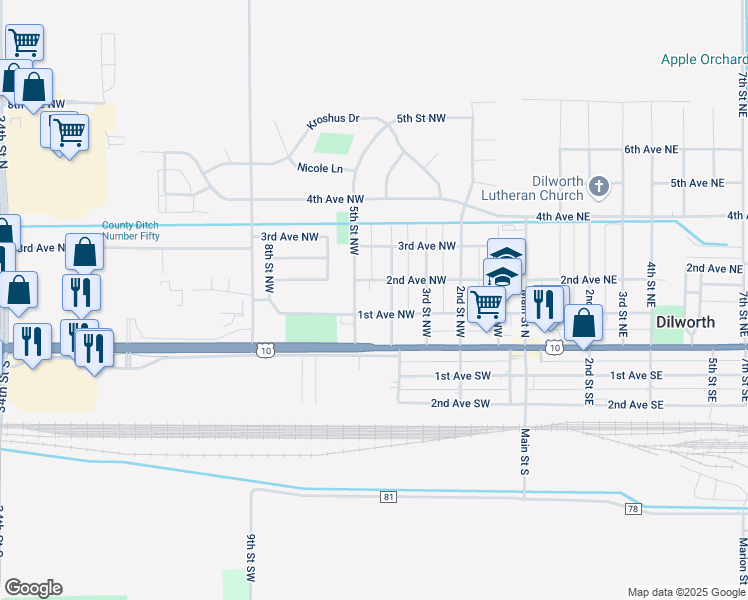 map of restaurants, bars, coffee shops, grocery stores, and more near 401 1st Avenue Northwest in Dilworth