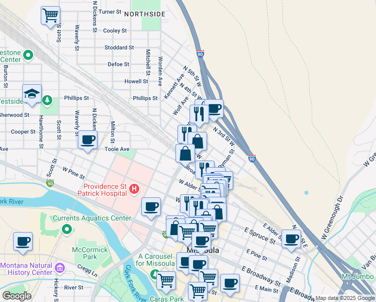 map of restaurants, bars, coffee shops, grocery stores, and more near 313 North 1st Street West in Missoula