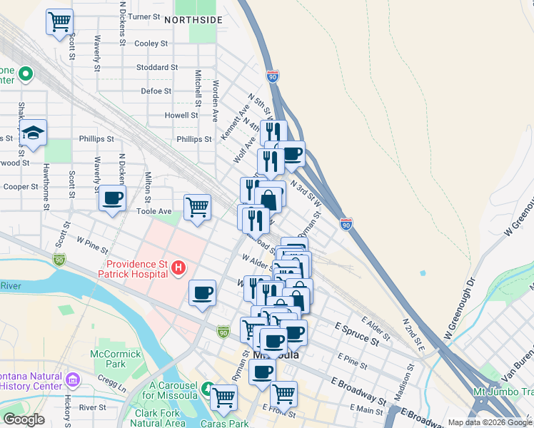 map of restaurants, bars, coffee shops, grocery stores, and more near 330 North 1st Street West in Missoula