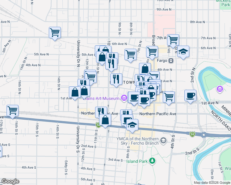 map of restaurants, bars, coffee shops, grocery stores, and more near 120 8th Street North in Fargo
