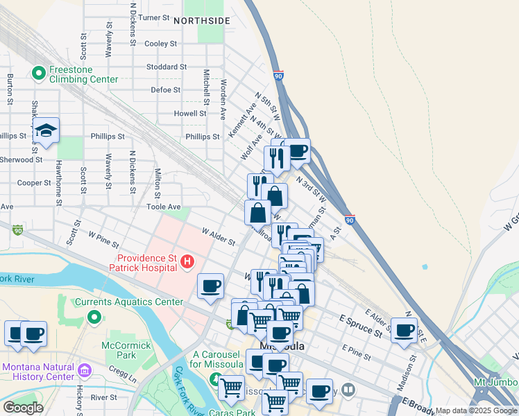map of restaurants, bars, coffee shops, grocery stores, and more near 383 North 1st Street West in Missoula