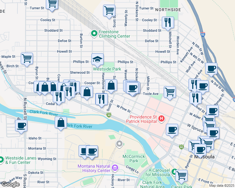 map of restaurants, bars, coffee shops, grocery stores, and more near 1021 Toole Avenue in Missoula